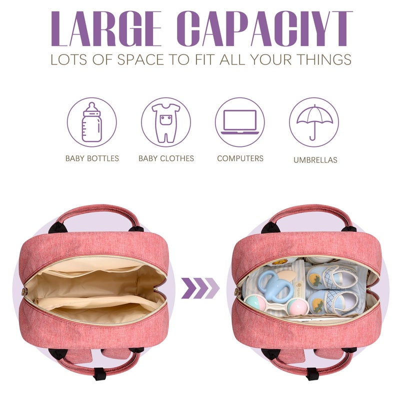 Tuwubi Diaper Bag Backpack, Baby Essentials Travel Tote Bag, Multi function Waterproof Backpacks, Travel Essentials with Stroller Straps & Pacifier Case - Pink - Image 2